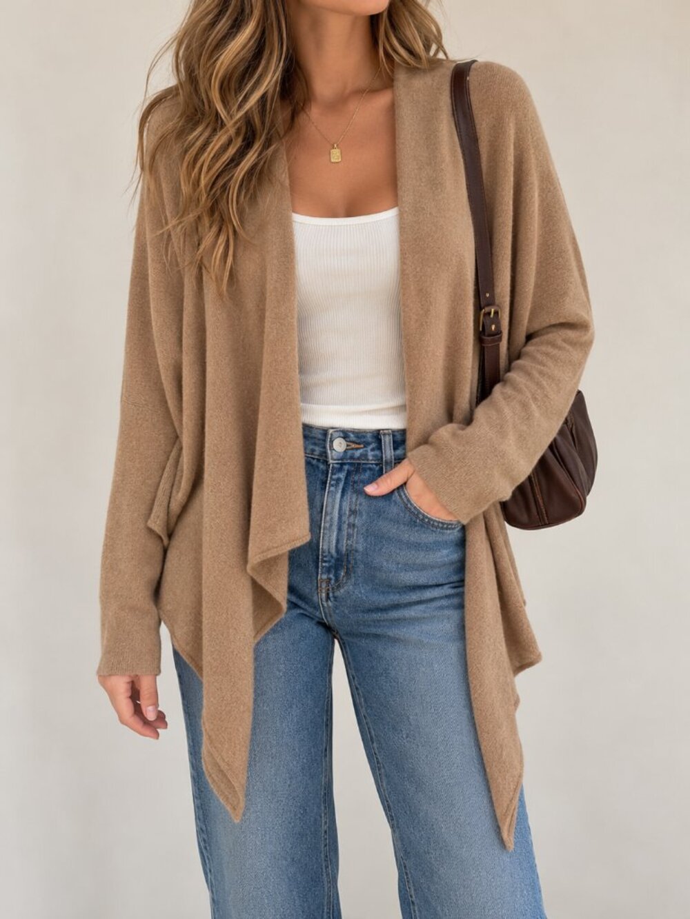 Ralph Lauren Sport Camel Italian Yarn Cashmere Merino Wool Waterfall Cardigan